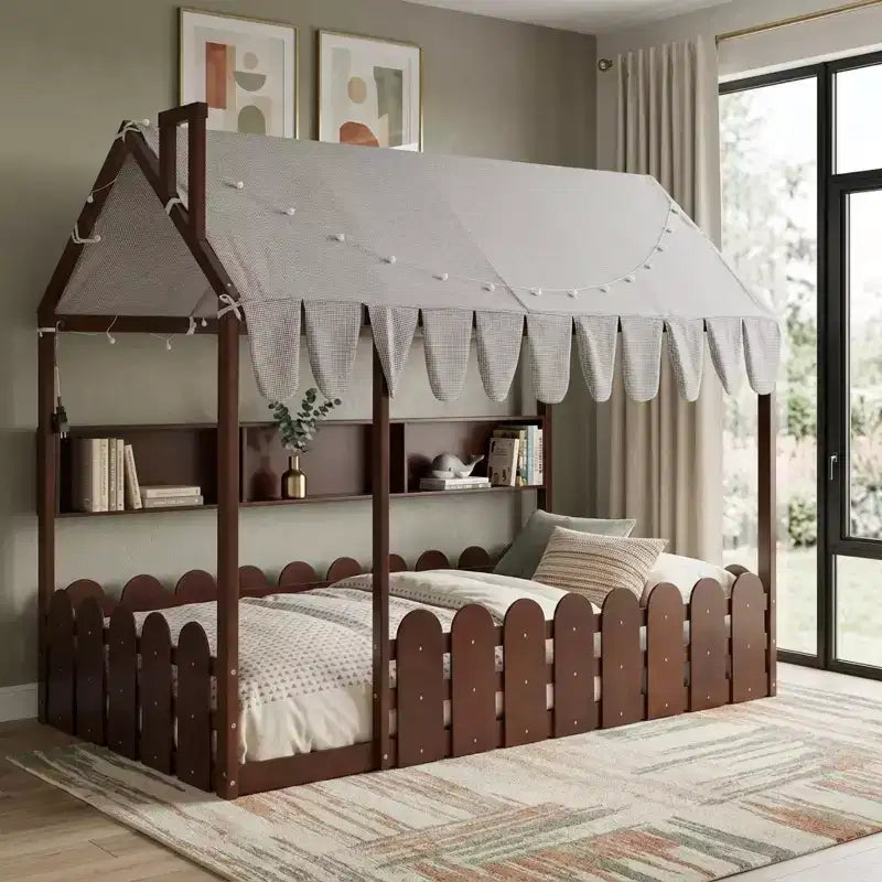 Polibi Montessori House Floor Bed with Fence Railings Tent Canopy Star Lights & 3 Built-In Storage Shelves