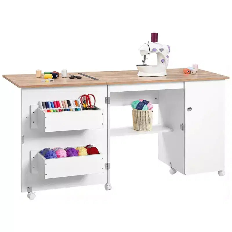 Folding Sewing Table and Portable Craft Station with Lockable Wheels - Compact Multipurpose Desk with Storage Shelves and Trays Magnetic Locks
