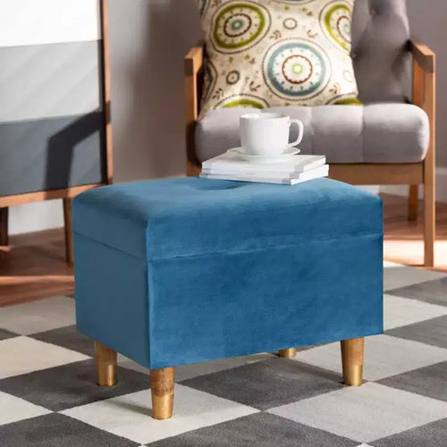 Baxton Studio Elias Velvet and Wood Storage Ottoman Blue/Oak: Padded, Rectangular Storage Seat