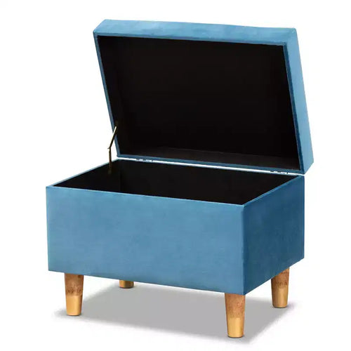 Baxton Studio Elias Velvet and Wood Storage Ottoman Blue/Oak: Padded, Rectangular Storage Seat