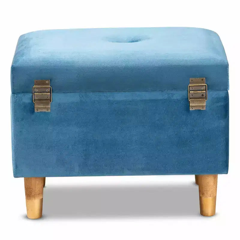Baxton Studio Elias Velvet and Wood Storage Ottoman Blue/Oak: Padded, Rectangular Storage Seat