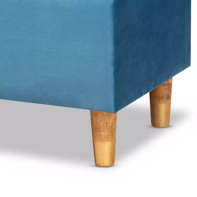 Baxton Studio Elias Velvet and Wood Storage Ottoman Blue/Oak: Padded, Rectangular Storage Seat