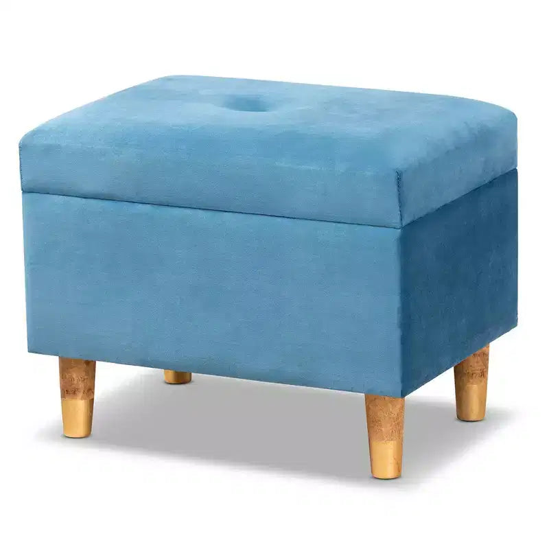 Baxton Studio Elias Velvet and Wood Storage Ottoman Blue/Oak: Padded, Rectangular Storage Seat