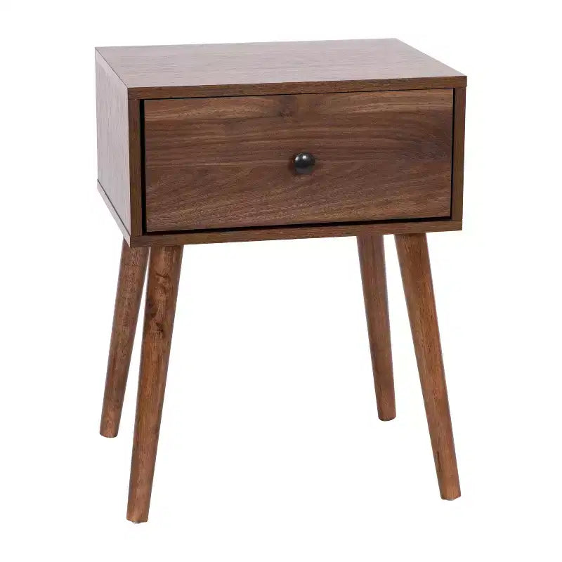 Flash Furniture Hatfield Mid-Century Modern One Drawer Wood Nightstand Side Accent or End Table with Soft Close Storage Drawer Dark Walnut