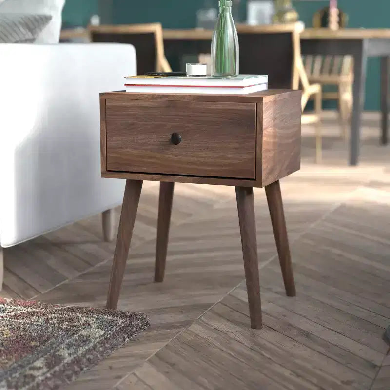 Table de chevet en bois avec tiroir, style milieu du siècle