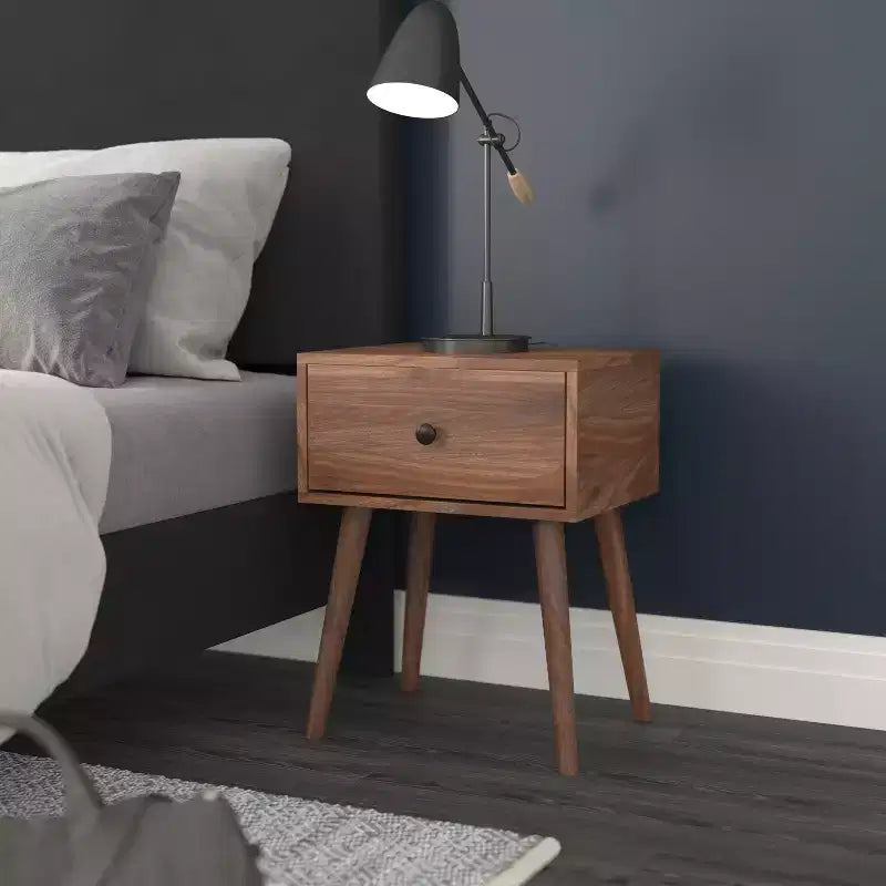 Table de chevet en bois avec tiroir, style milieu du siècle