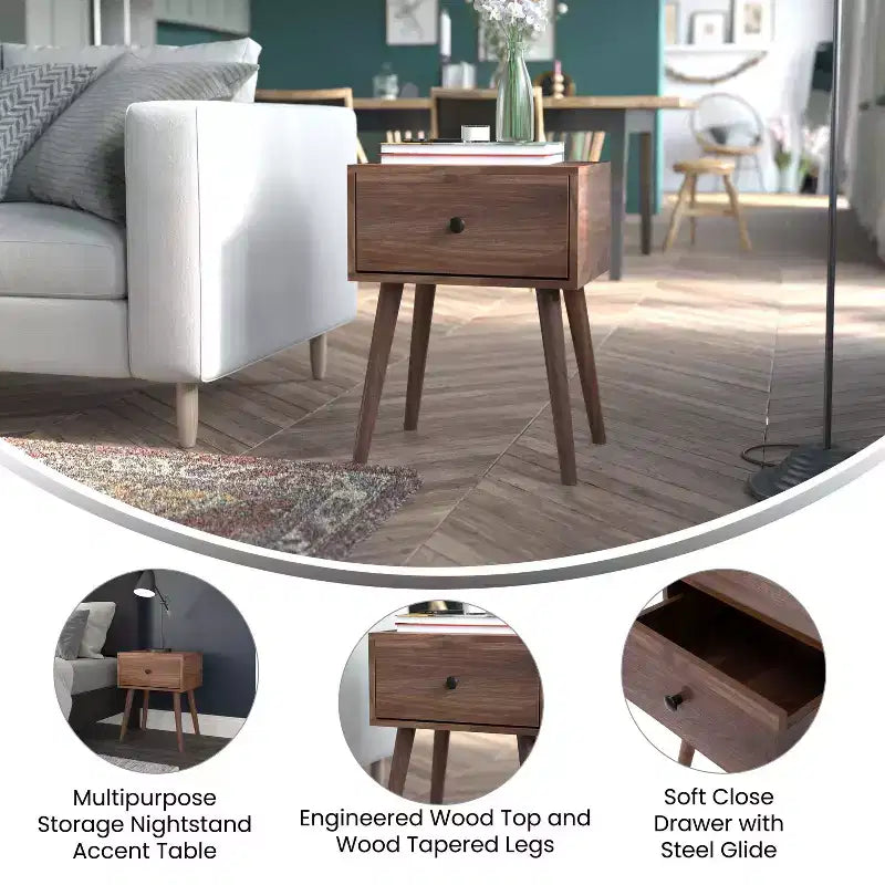 Table de chevet en bois avec tiroir, style milieu du siècle