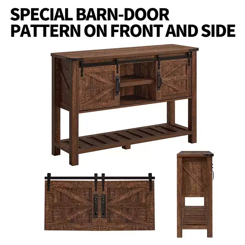 OKD Farmhouse Multifunctional Table with Sliding Barn Doors and Storage Shelves for Entryway, Living Room, Hallway, or Office