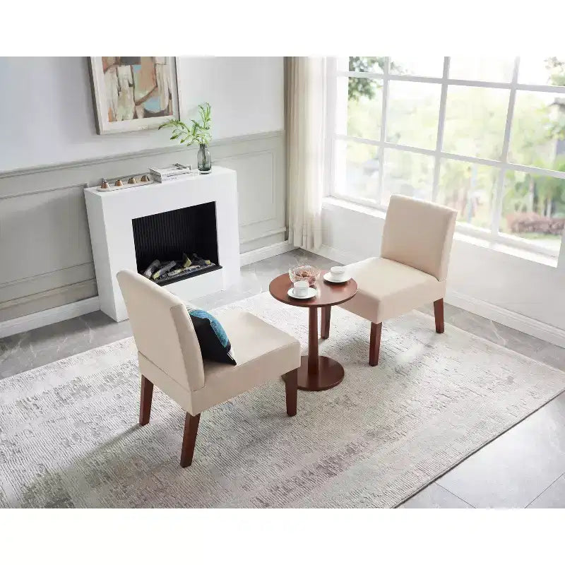 Linen Fabric Upholstered Accent Chairs Set of 2 with Round Wood Table - ModernLuxe