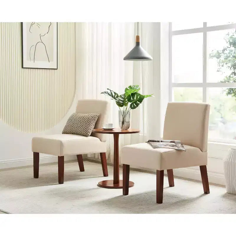Linen Fabric Upholstered Accent Chairs Set of 2 with Round Wood Table - ModernLuxe