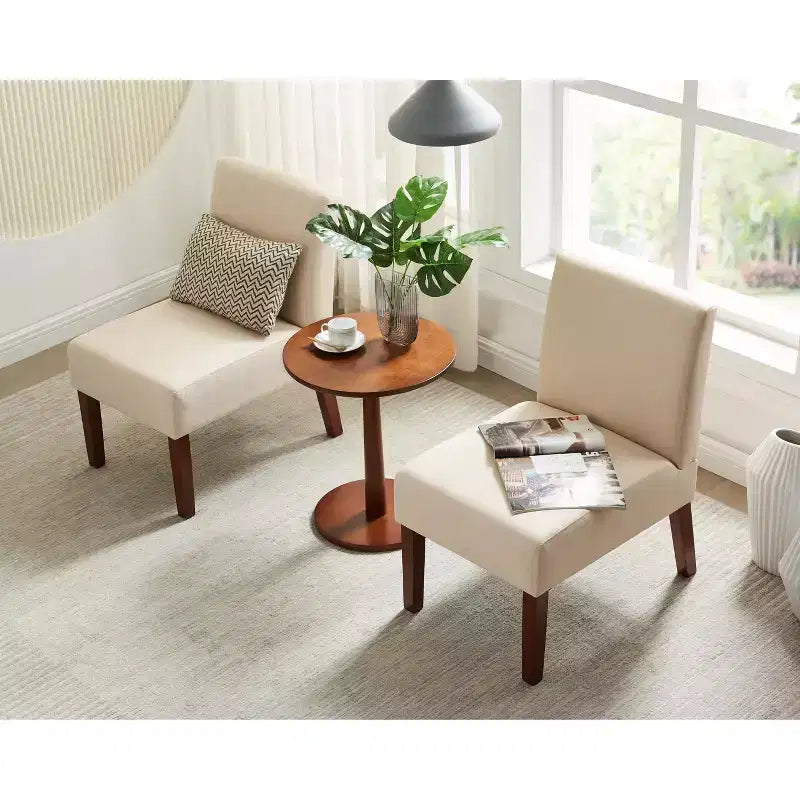 Linen Fabric Upholstered Accent Chairs Set of 2 with Round Wood Table - ModernLuxe
